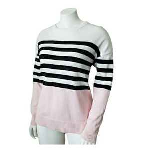 Hilfiger White, Pink & Black Striped Cotton Pullover Sweater